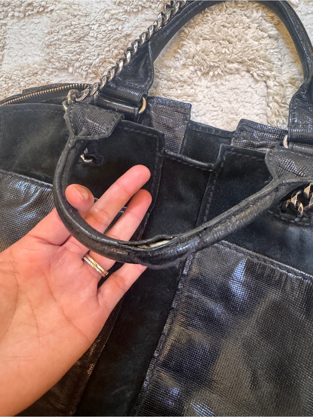 Ramy Brook Black Leather & Suede Chain Tote Shoulder Bag - Picture 3 of 7